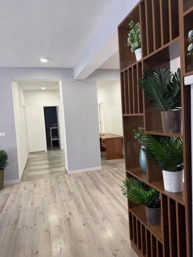 una stanza vuota con uno scaffale con delle piante sopra di Boldmark Apartments ad Addis Abeba