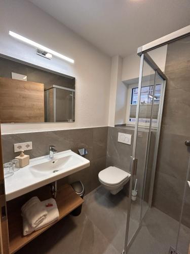 a bathroom with a sink and a toilet at Höller's Bergleben in Kleinarl