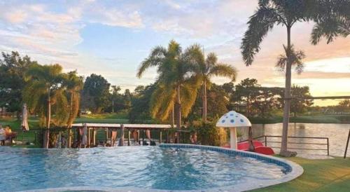 a large swimming pool next to a lake with palm trees at I View Park Resort in Ban Non Sung