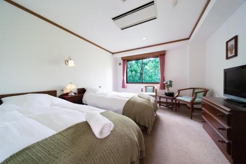 a bedroom with two beds and a flat screen tv at Wadano Forest Hotel & Apartments in Hakuba