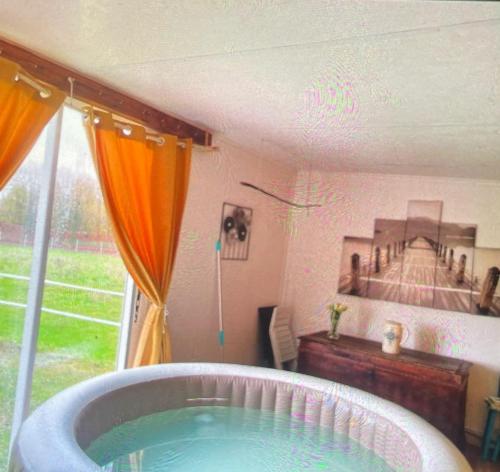 een hottub in een kamer met een raam bij Roulotte à la campagne avec son spa à Cabariot in Cabariot