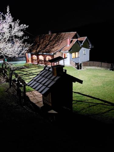 a picnic table in front of a house at night at Kablar, smeštaj "Lazino Brdo" in Čačak