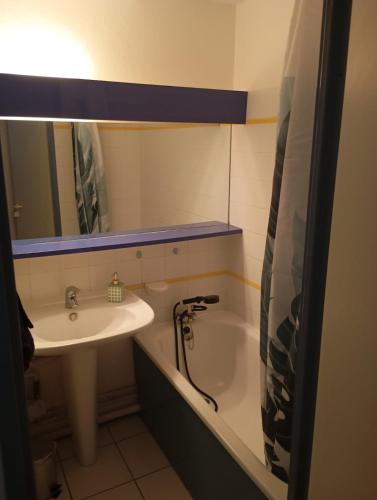 a bathroom with a sink and a bath tub and a sink at les pieds dans l'eau 1-Piscine chauffée in Le Barcarès