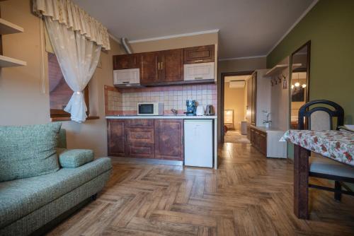 Una sala de estar con un sofá y una cocina. en Németh Resort, en Sovata