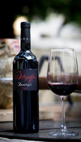 a bottle of red wine next to a glass at Toncevi Eco Estate in Branik