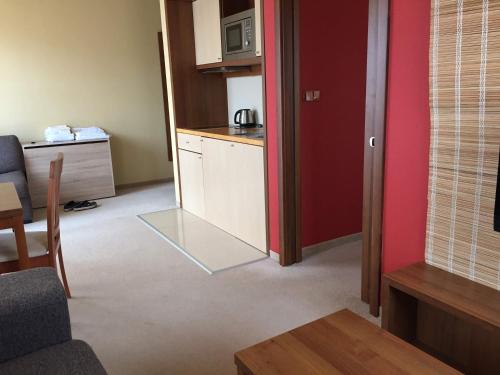a room with a kitchen and a living room at Apartmán Fiona in Veľká Lomnica