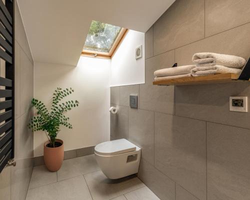 a bathroom with a toilet and a potted plant at Pałac w Małkowie in Warta