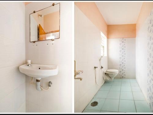 two images of a bathroom with a sink and a toilet at Hotel RJ Madurai in Madurai