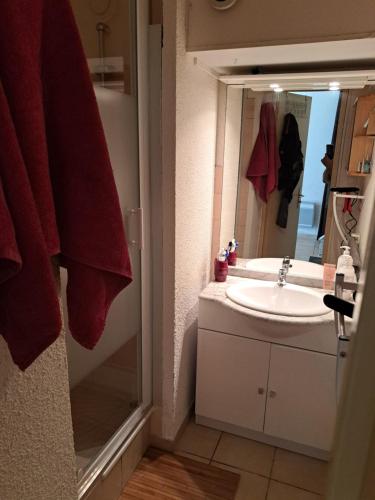 un bagno con lavandino e specchio di Joli t2 valras plage a Valras-Plage