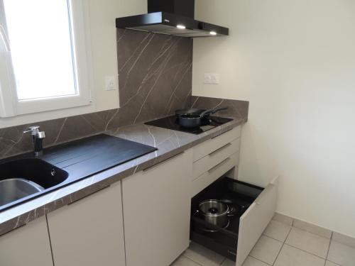 een keuken met een spoelbak en een aanrechtblad bij Agapanthe blanche in La Garde