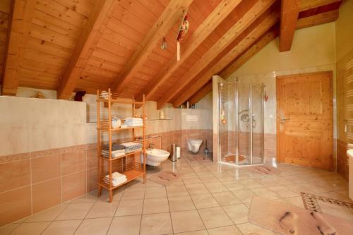a large bathroom with a shower and a toilet at Haus Emanuel in Weilerbach