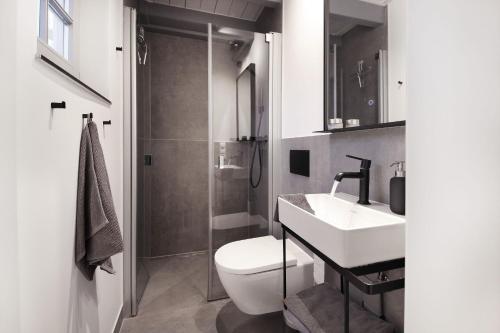 a bathroom with a toilet and a sink and a shower at Kembser Kate - Ostholstein - NEU! in Behrensdorf