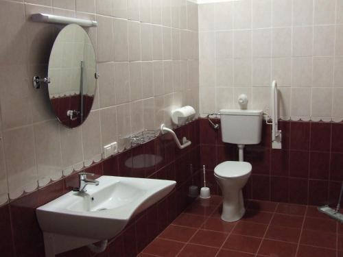 y baño con lavabo, aseo y espejo. en Öreg Somfa Vendégház, en Uppony