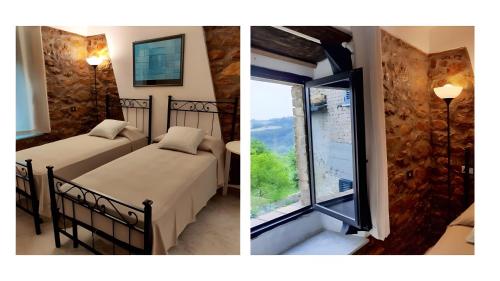 two photos of a bedroom with two beds and a window at La Colombara in Ponte dellʼOlio