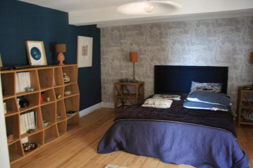 a bedroom with a bed with a blue comforter and book shelves at Charming Gite In Mont Saint Vincent in Mont-Saint-Vincent