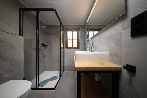 Un baño con lavabo, ducha e inodoro. en Appartements Sonnenstein Sölden, close to lift & centre, en Sölden