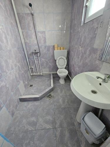 a bathroom with a shower and a toilet and a sink at Sunshine Costinești in Schitul
