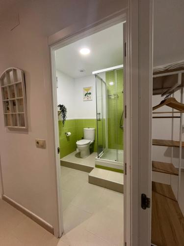 a bathroom with a toilet and a glass door at Casa Mencía in Plasencia