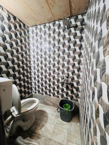 een badkamer met een toilet en een betegelde muur bij Hostel Desert Routes in Jaisalmer