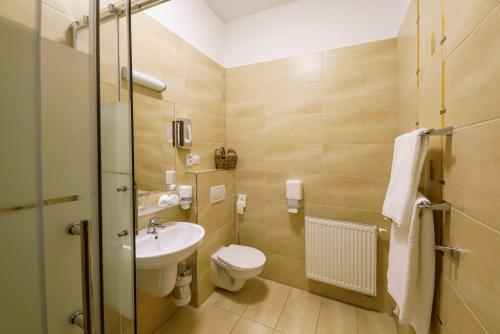 a small bathroom with a toilet and a sink at Eagle Hotel in Šamorín