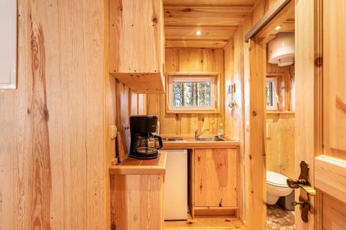 - une cuisine avec des murs en bois et un évier dans une petite maison dans l'établissement Bungalow 6 - Anglerinsel, à Kollm