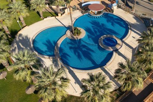 eine Draufsicht auf einen Swimmingpool mit Palmen in der Unterkunft Apartament z widokiem na morze Cabo Roig in Orihuela