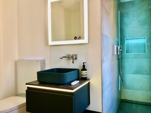 Un baño con un lavabo azul y una ducha. en Le nid - Centre ville - Capitole- Climatisé, en Toulouse