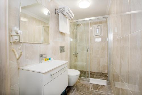 イスタンブールにあるSim-ore Hotelのトイレ、シャワー、洗面台を備えたバスルーム