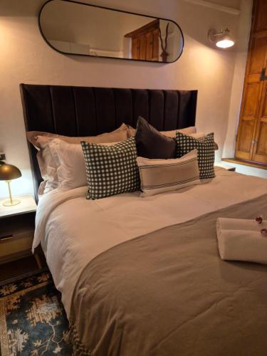 a large bed with pillows and a mirror on the wall at Under the Maple in Rawsonville