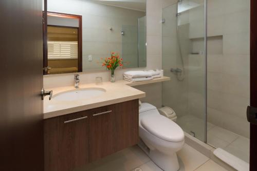 un bagno con wc, lavandino e doccia di Suites Metropoli Edificio Torino a Quito