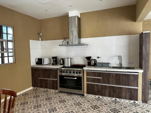 a kitchen with a stove and a sink at La Luján Ayres de Campo in Luján
