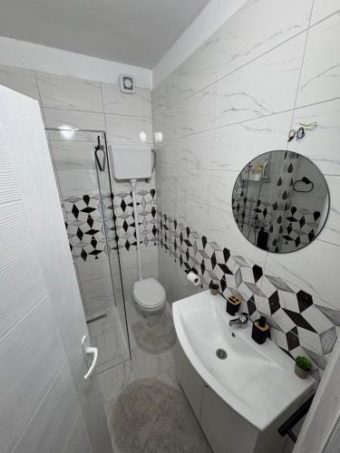 a bathroom with a toilet and a sink and a mirror at Apartman Tijana in Ruma
