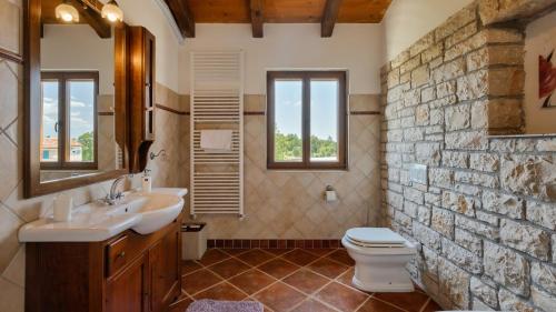 un bagno con lavandino, water e muro in pietra di Rustic villa Marijanin Vrt with pool in Tinjan a Tinjan