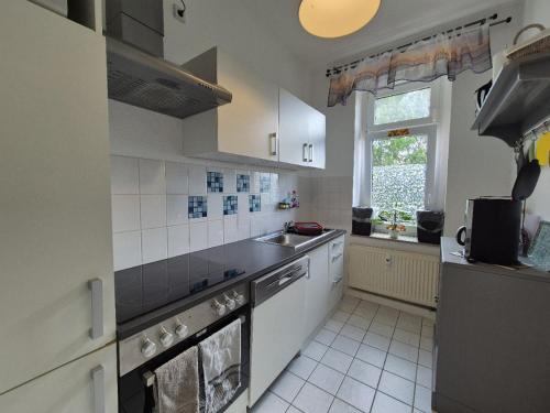cocina con electrodomésticos blancos, fregadero y ventana en Mikra Homes24 in Chemnitz, en Chemnitz