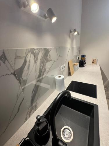 una cucina con lavandino e parete in marmo di Old Town Pomorska Luxury Apartment a Breslavia