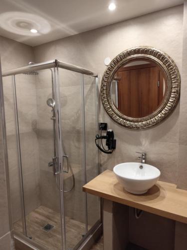 a bathroom with a shower with a sink and a mirror at Evita BelleVue in Arachova