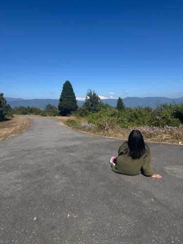 une personne assise au milieu d'une route dans l'établissement Green Hill Home, à Darjeeling