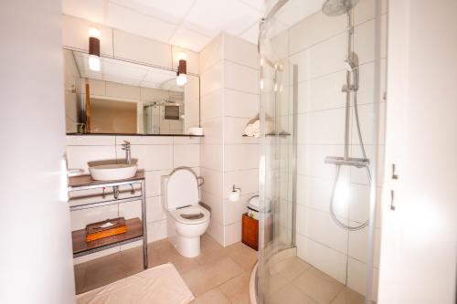 a bathroom with a shower and a toilet and a sink at Eco Torarica in Paramaribo