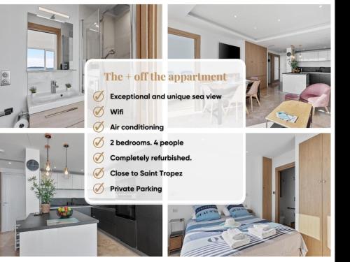 a collage of pictures of a bedroom and a bathroom at Vue Mer - Neuf - Centre Ste Maxime in Sainte-Maxime