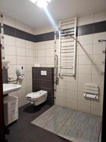 a bathroom with a toilet and a glass shower at PLATINIUM House ex Royal House in Białogard