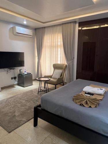 a bedroom with a bed and a chair and a television at Glovis Hospitality in Abuja