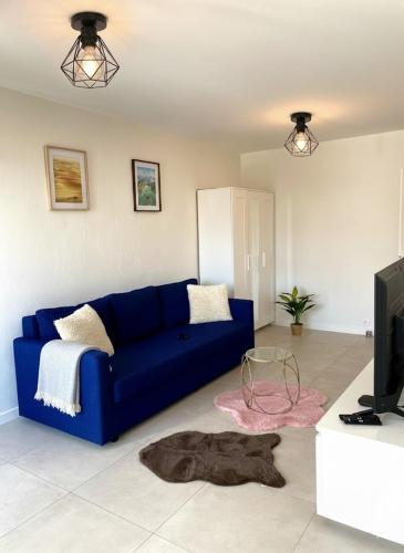a living room with a blue couch and a tv at Cozy studio avec balcon aux portes de Genève in Ambilly