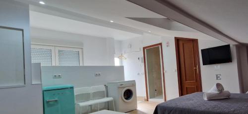 Serranos Salamanca Centro في سلامنكا: غرفة نوم بسرير وغسالة ملابس