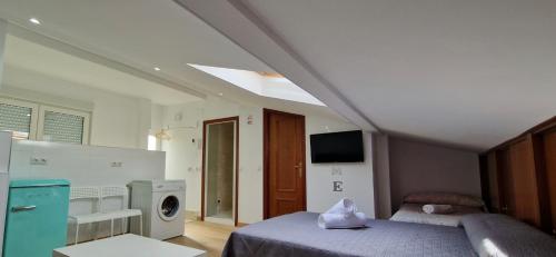 a bedroom with a bed and a washing machine at Serranos Salamanca Centro hasta 21plazas 6 duchas in Salamanca