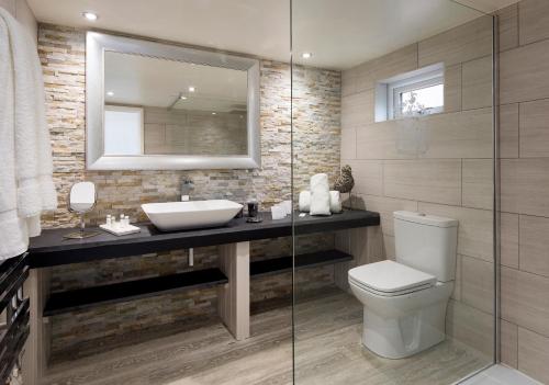 a bathroom with a sink and a toilet and a mirror at Cary Arms & Spa in Torquay