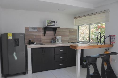 eine kleine Küche mit einem Kühlschrank und einer Theke in der Unterkunft Villa Malibu in Taganga