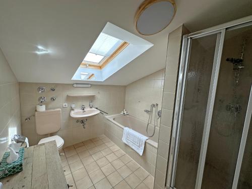 een badkamer met een douche, een toilet en een wastafel bij Gschwendtnerhof App25 Schaub in Aschau im Chiemgau