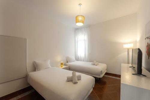 een kamer met twee bedden en een televisie bij Pérola do Mar in Foz do Arelho