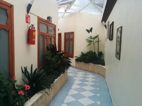 a hallway of a building with a courtyard with plants at Hotel Tres Marías in San Cristóbal de Las Casas