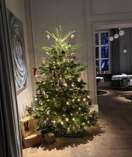 a christmas tree with lights in a room at Vila Komoda in Palanga